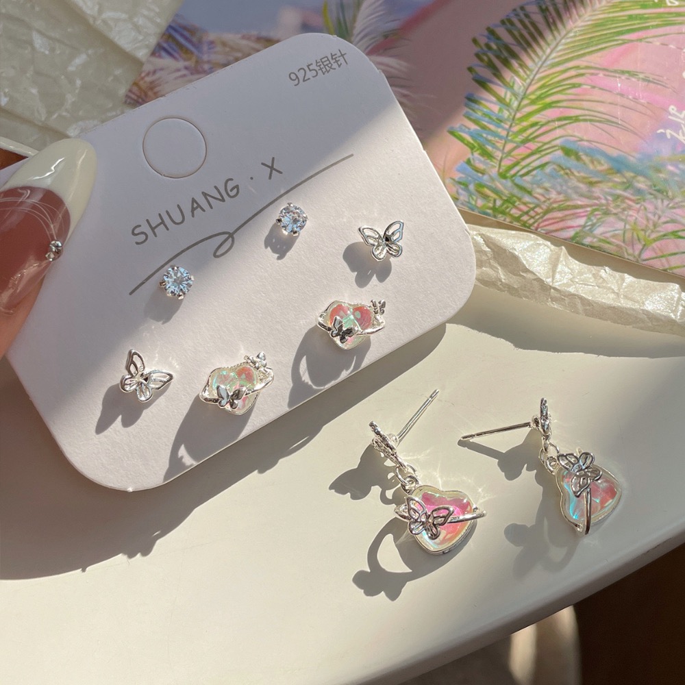 春夏甜酷極光愛心蝴蝶耳釘套裝-細節圖2