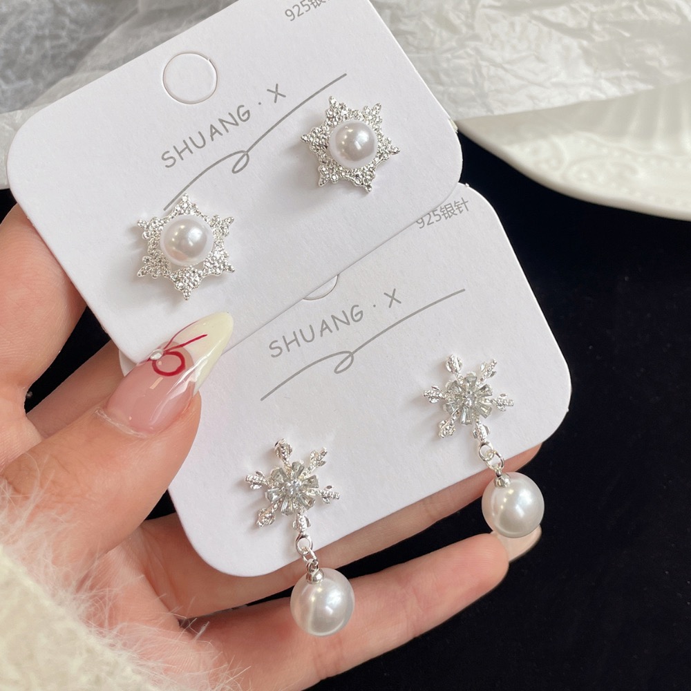 早春冰晶雪花珍珠耳環-細節圖2