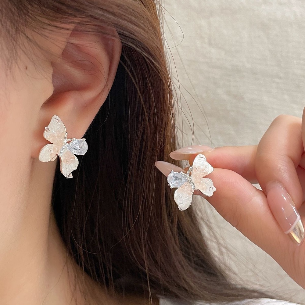 夏季蜜桃色水晶蝴蝶耳環-細節圖3