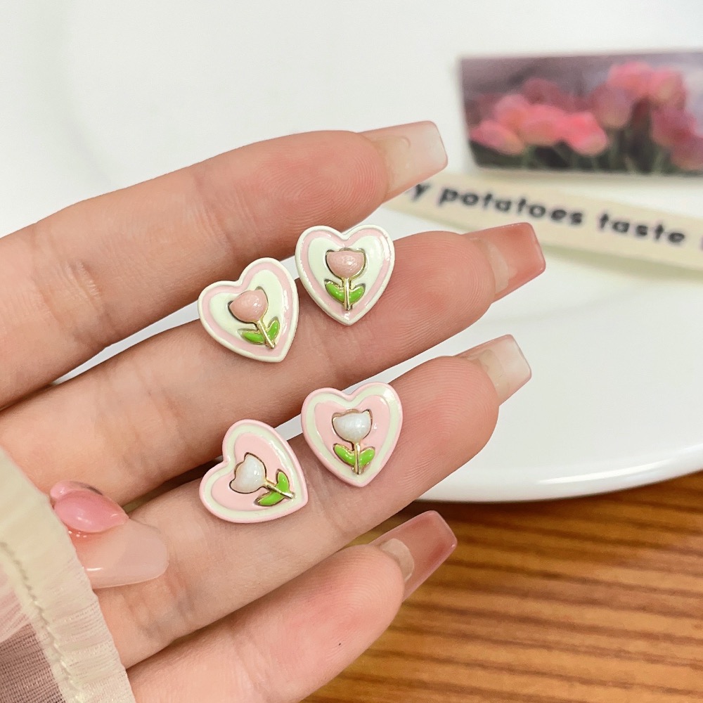 春夏銀針甜美精緻愛心鬱金香耳釘套裝-細節圖2