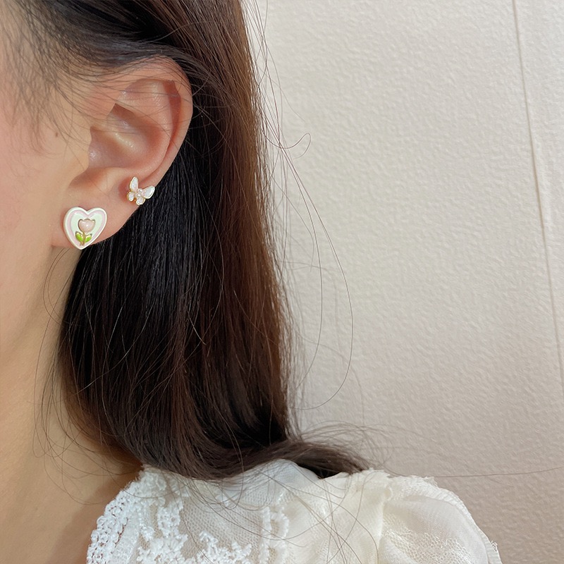 春夏銀針甜美精緻愛心鬱金香耳釘套裝-細節圖3