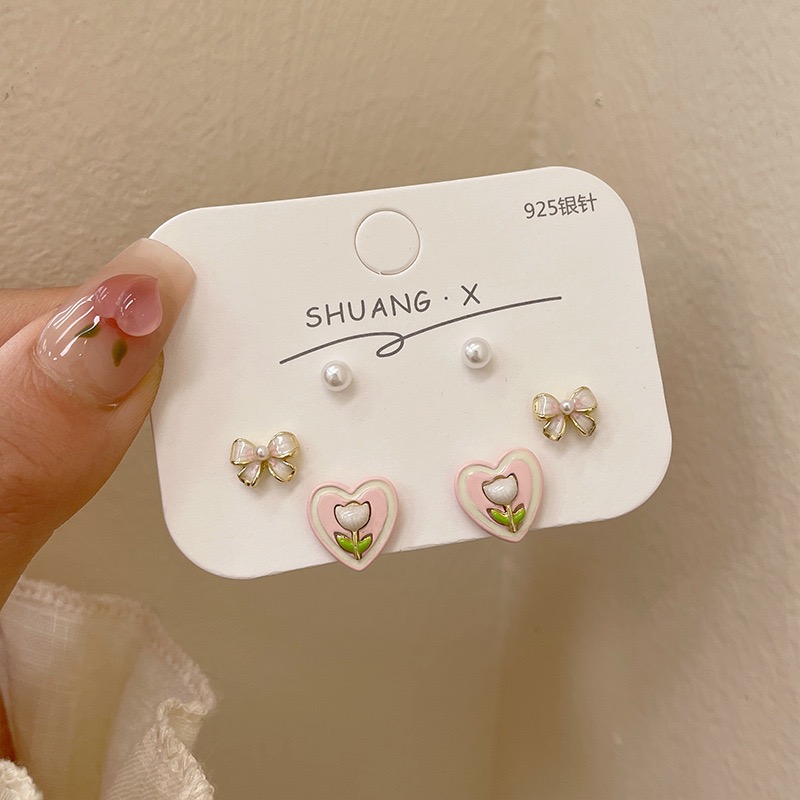 春夏銀針甜美精緻愛心鬱金香耳釘套裝-規格圖3
