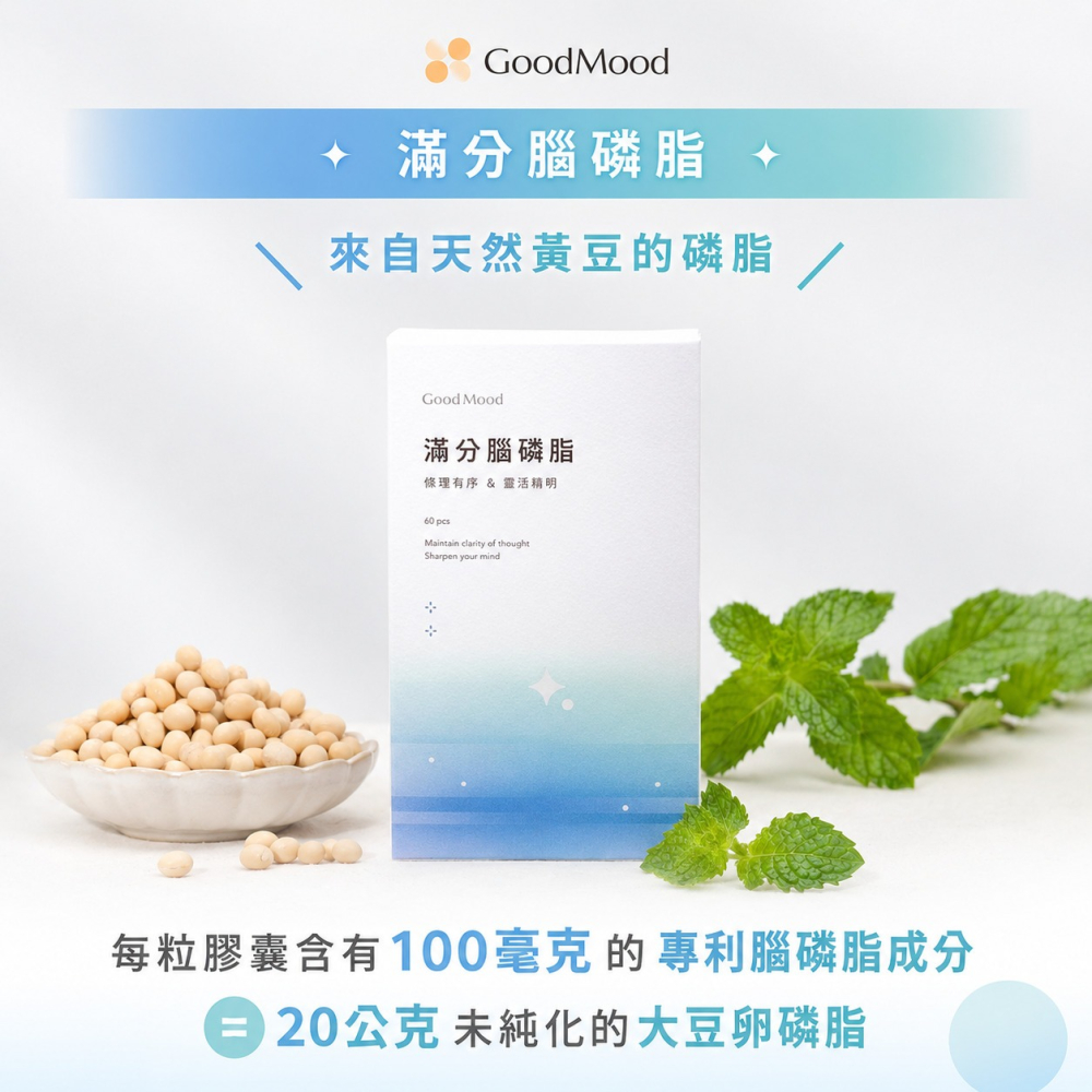 【滿額免運】GoodMood 好精明 滿分腦磷脂 60顆/盒 全素 以色列專利AquaPS™【新宜安中西藥局】-細節圖3