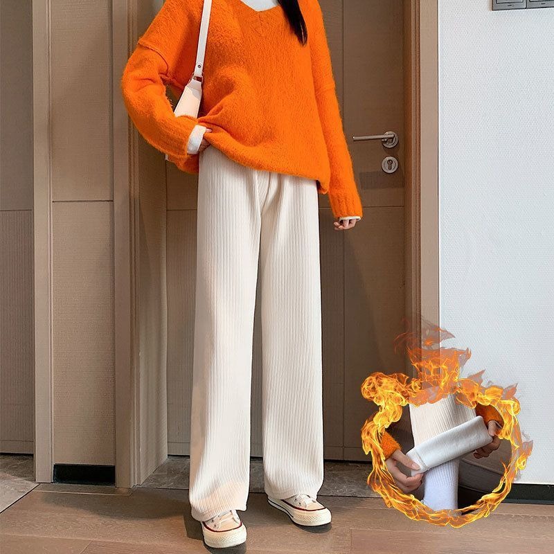 ⚡冬季必備⚡韓版高腰內刷毛奶油色系寬褲 褲子 長褲 女裝 高腰褲 直筒褲 黑褲 發熱褲 保暖褲 刷毛褲 暖暖褲-細節圖4