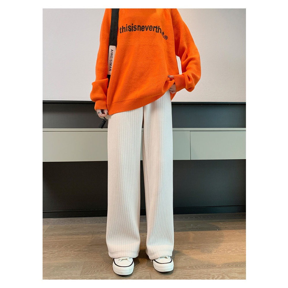 ⚡冬季必備⚡韓版高腰內刷毛奶油色系寬褲 褲子 長褲 女裝 高腰褲 直筒褲 黑褲 發熱褲 保暖褲 刷毛褲 暖暖褲-細節圖7