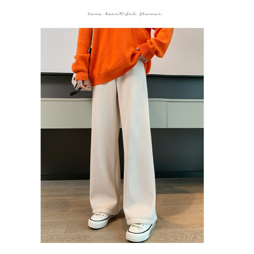 ⚡冬季必備⚡韓版高腰內刷毛奶油色系寬褲 褲子 長褲 女裝 高腰褲 直筒褲 黑褲 發熱褲 保暖褲 刷毛褲 暖暖褲-細節圖8