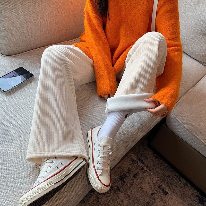 ⚡冬季必備⚡韓版高腰內刷毛奶油色系寬褲 褲子 長褲 女裝 高腰褲 直筒褲 黑褲 發熱褲 保暖褲 刷毛褲 暖暖褲-細節圖9