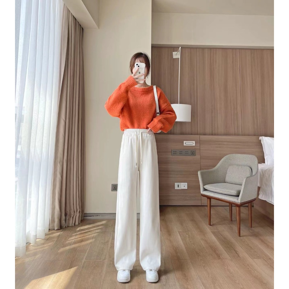 ⚡冬季必備⚡韓版高腰內刷毛奶油色系寬褲 褲子 長褲 女裝 高腰褲 直筒褲 黑褲 發熱褲 保暖褲 刷毛褲 暖暖褲-規格圖9