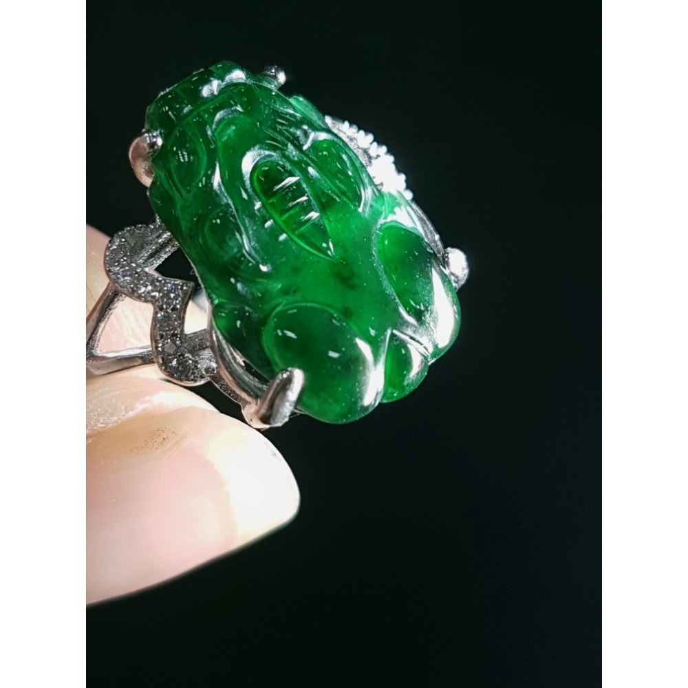 天然緬甸玉A貨翡翠 瓜料藍水 貔貅 玉戒 戒指-細節圖2