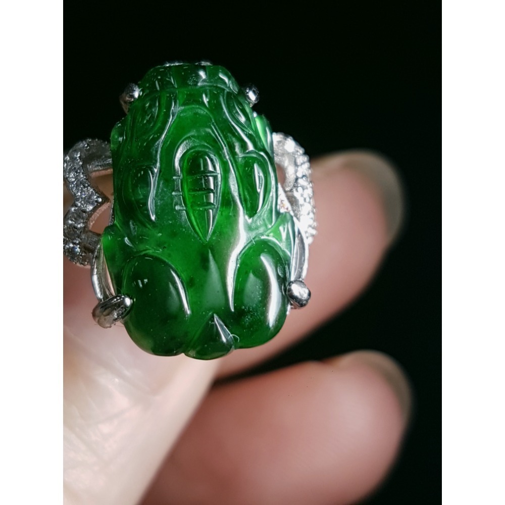 天然緬甸玉A貨翡翠 瓜料藍水 貔貅 玉戒 戒指-細節圖3