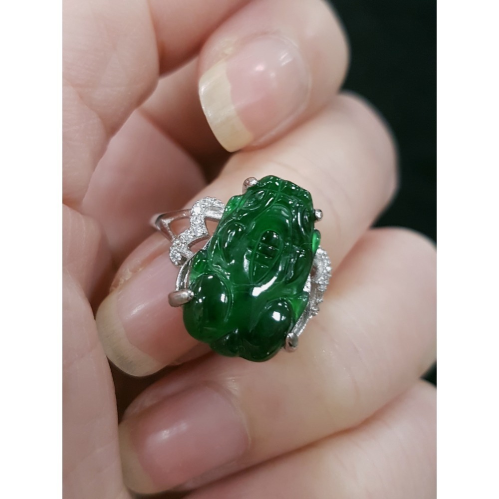 天然緬甸玉A貨翡翠 瓜料藍水 貔貅 玉戒 戒指-細節圖4
