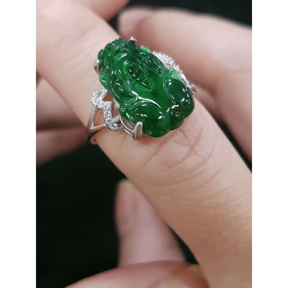 天然緬甸玉A貨翡翠 瓜料藍水 貔貅 玉戒 戒指-細節圖6