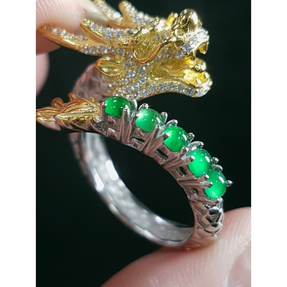 天然緬甸玉A貨翡翠 龍戒 攏來戒指 戒子 玉戒 925銀鋯石-細節圖3