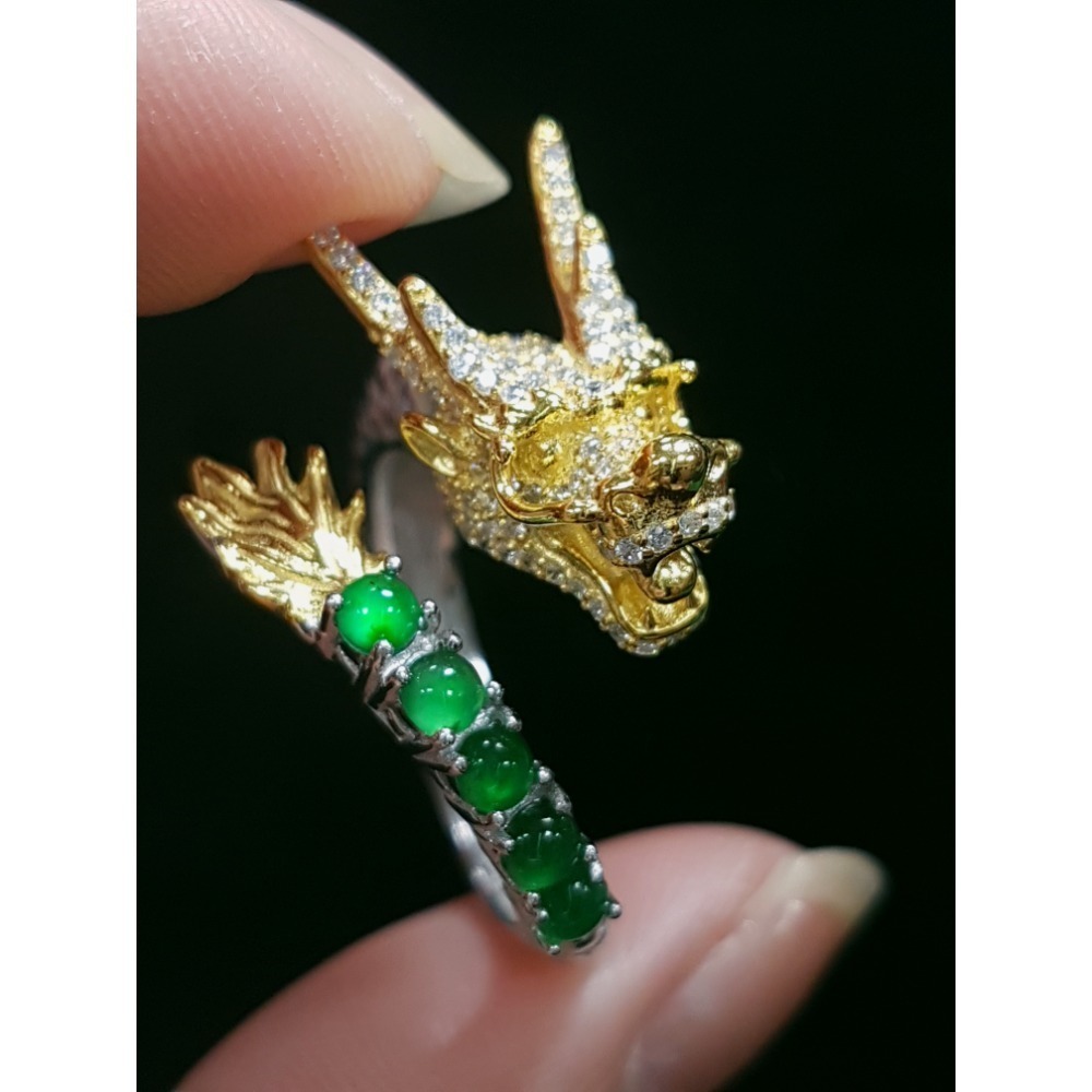 天然緬甸玉A貨翡翠 龍戒 攏來戒指 戒子 玉戒 925銀鋯石-細節圖4