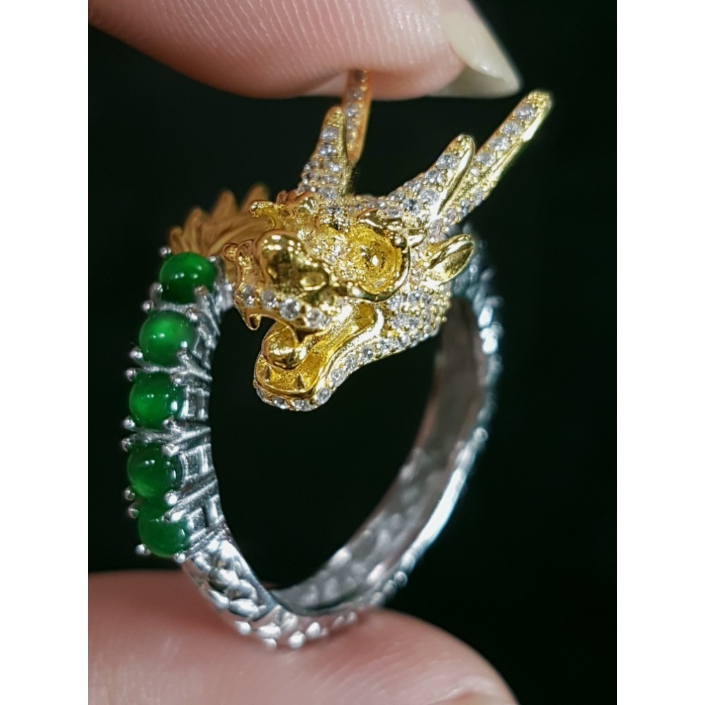 天然緬甸玉A貨翡翠 龍戒 攏來戒指 戒子 玉戒 925銀鋯石-細節圖5