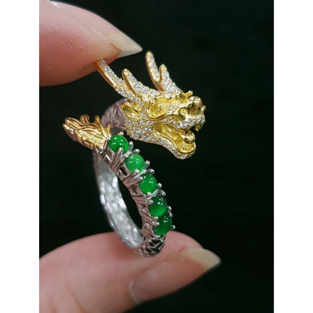 天然緬甸玉A貨翡翠 龍戒 攏來戒指 戒子 玉戒 925銀鋯石-細節圖8