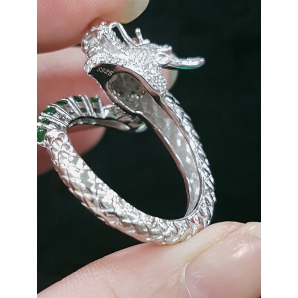 天然緬甸玉A貨翡翠 瓜料龍戒 攏來戒指 戒子 玉戒 925銀鋯石-細節圖2