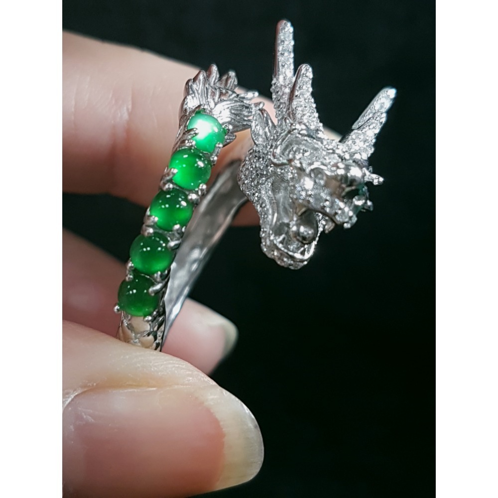 天然緬甸玉A貨翡翠 瓜料龍戒 攏來戒指 戒子 玉戒 925銀鋯石-細節圖3