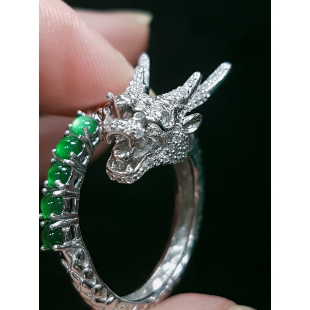 天然緬甸玉A貨翡翠 瓜料龍戒 攏來戒指 戒子 玉戒 925銀鋯石-細節圖4