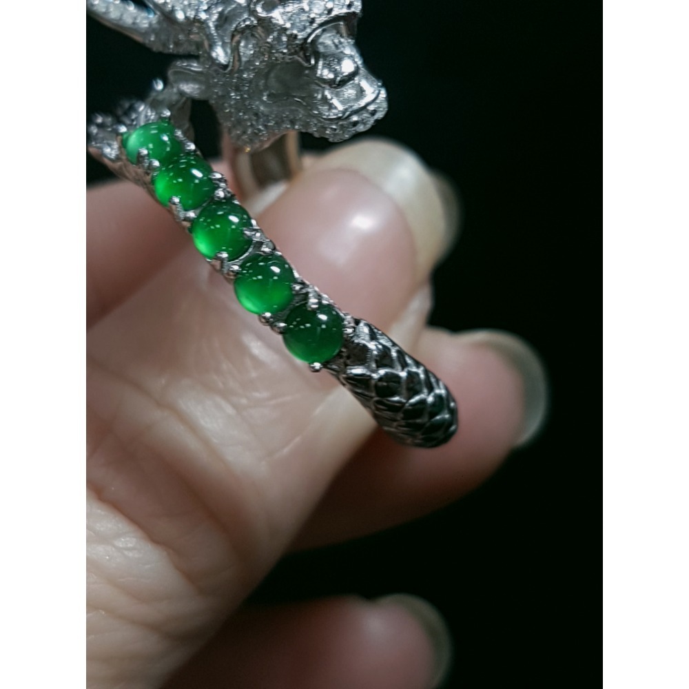 天然緬甸玉A貨翡翠 瓜料龍戒 攏來戒指 戒子 玉戒 925銀鋯石-細節圖5