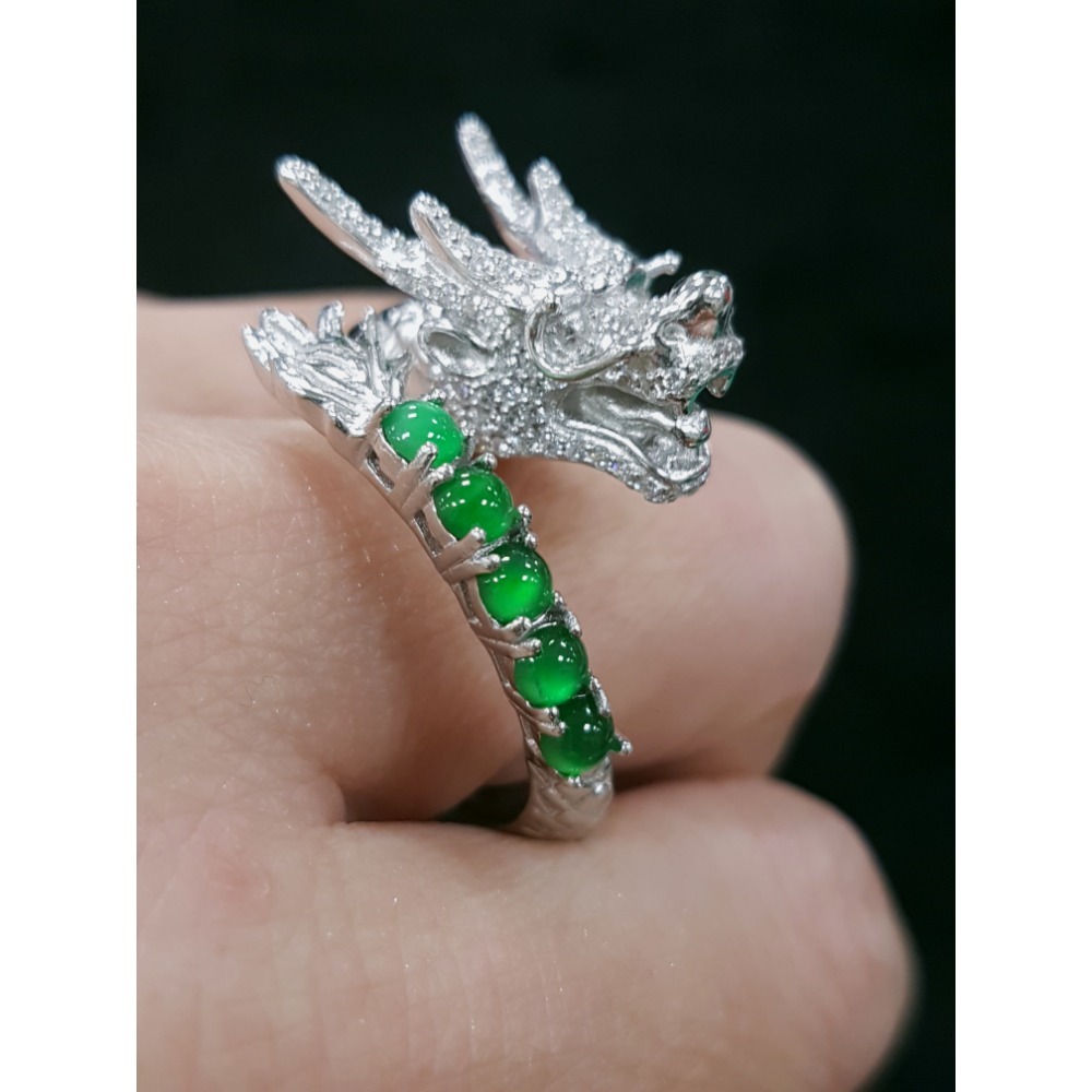 天然緬甸玉A貨翡翠 瓜料龍戒 攏來戒指 戒子 玉戒 925銀鋯石-細節圖6