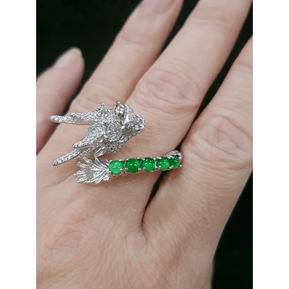 天然緬甸玉A貨翡翠 瓜料龍戒 攏來戒指 戒子 玉戒 925銀鋯石-細節圖7