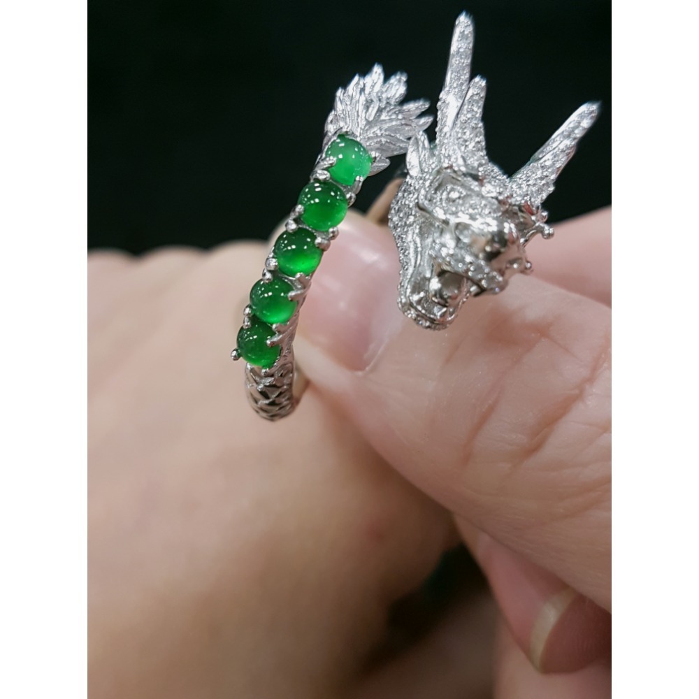 天然緬甸玉A貨翡翠 瓜料龍戒 攏來戒指 戒子 玉戒 925銀鋯石-細節圖8