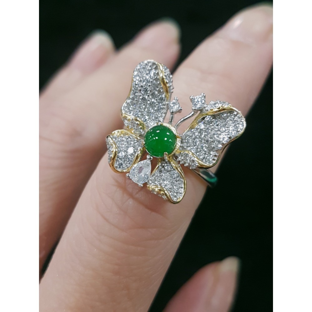 天然緬甸玉A貨翡翠瓜料蝴蝶 戒指 戒子 玉戒 925銀鋯石-細節圖2