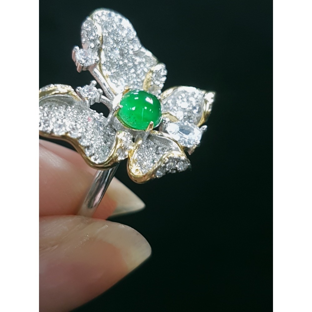 天然緬甸玉A貨翡翠瓜料蝴蝶 戒指 戒子 玉戒 925銀鋯石-細節圖3