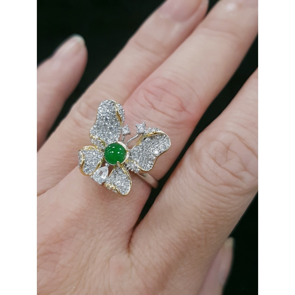 天然緬甸玉A貨翡翠瓜料蝴蝶 戒指 戒子 玉戒 925銀鋯石-細節圖4