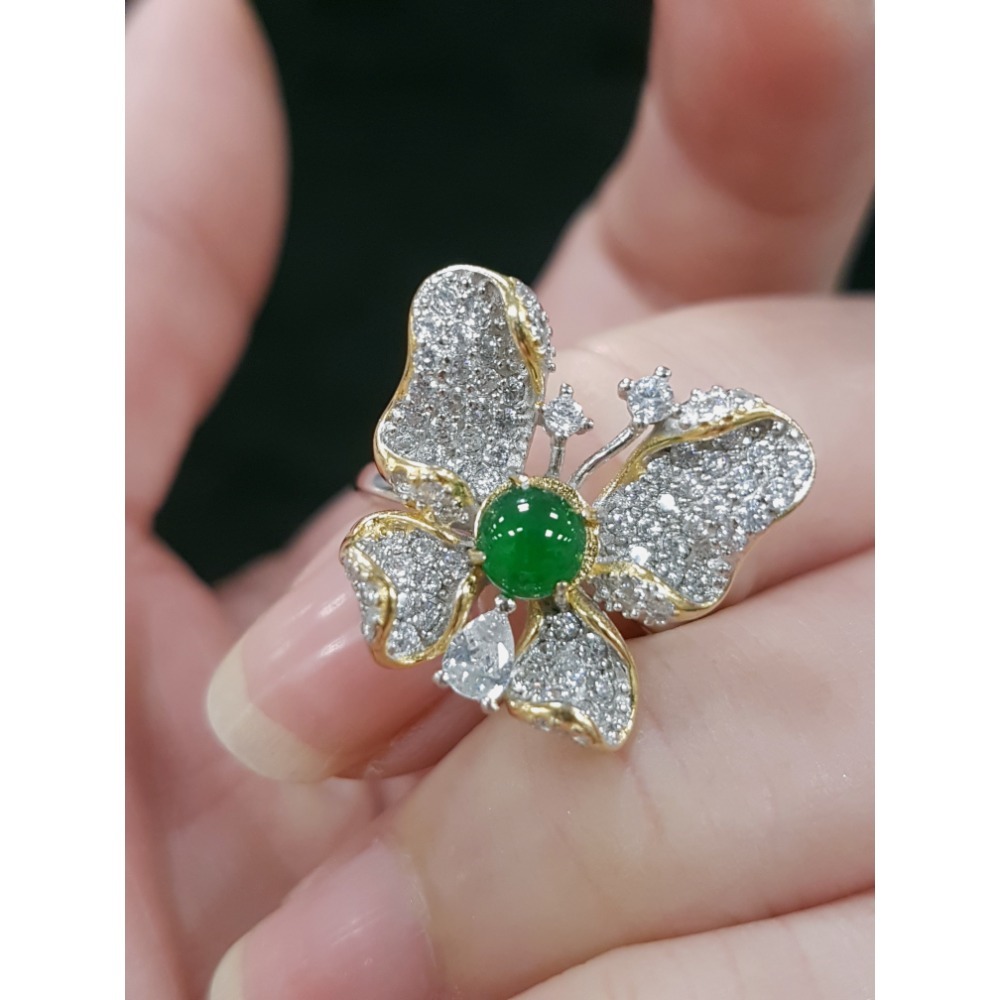 天然緬甸玉A貨翡翠瓜料蝴蝶 戒指 戒子 玉戒 925銀鋯石-細節圖5