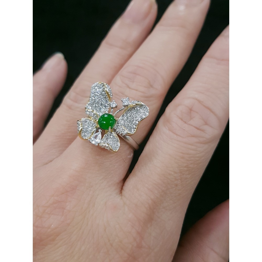 天然緬甸玉A貨翡翠瓜料蝴蝶 戒指 戒子 玉戒 925銀鋯石-細節圖2