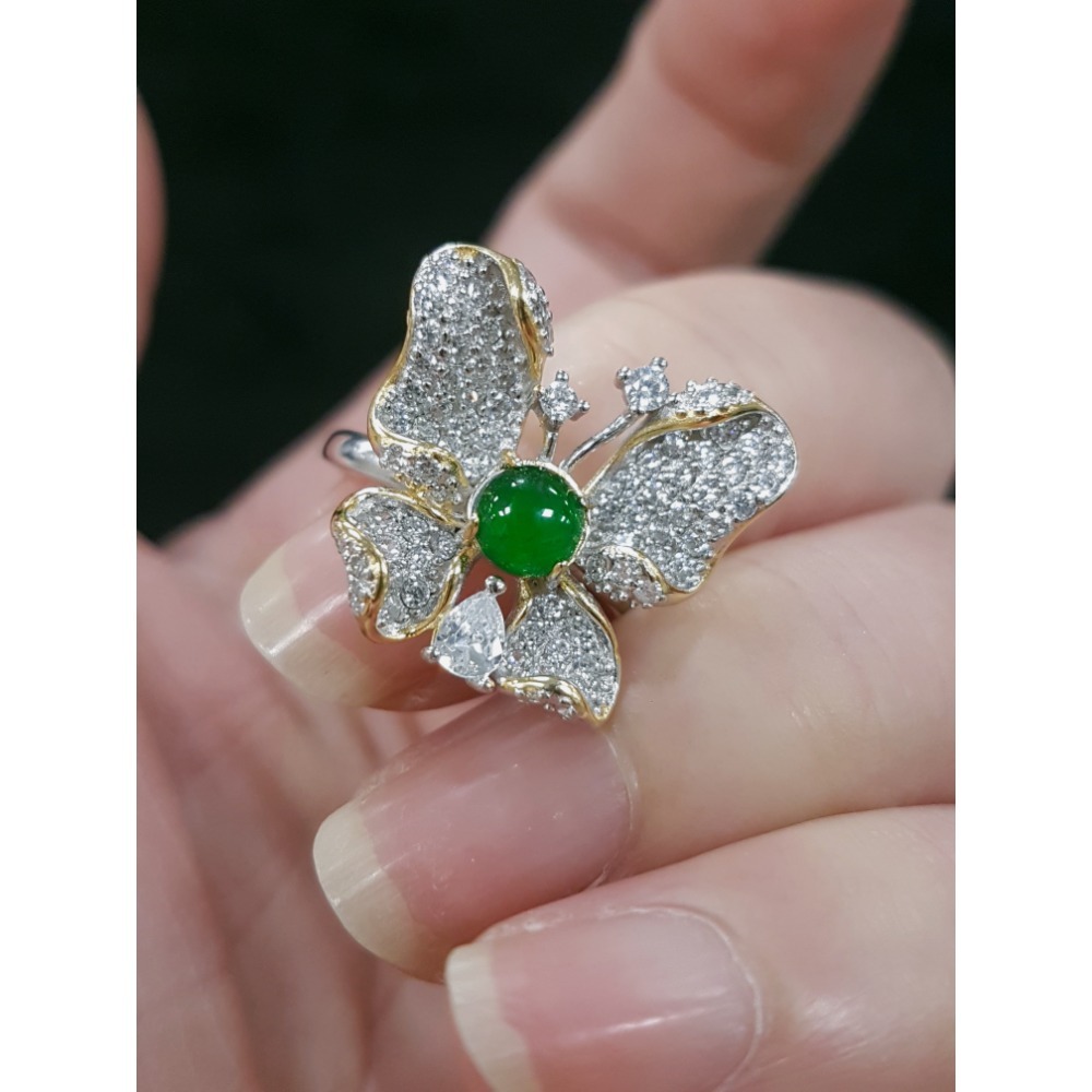 天然緬甸玉A貨翡翠瓜料蝴蝶 戒指 戒子 玉戒 925銀鋯石-細節圖3