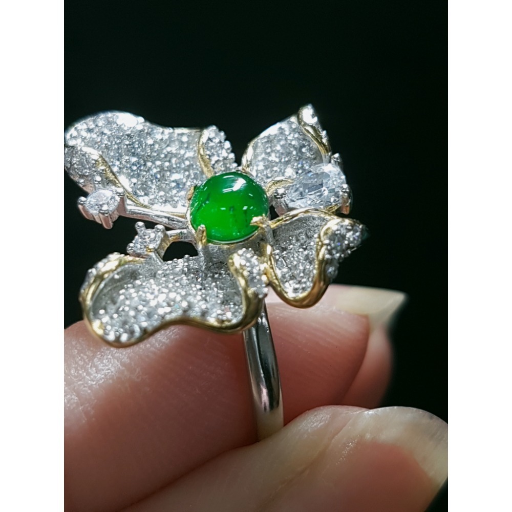 天然緬甸玉A貨翡翠瓜料蝴蝶 戒指 戒子 玉戒 925銀鋯石-細節圖4