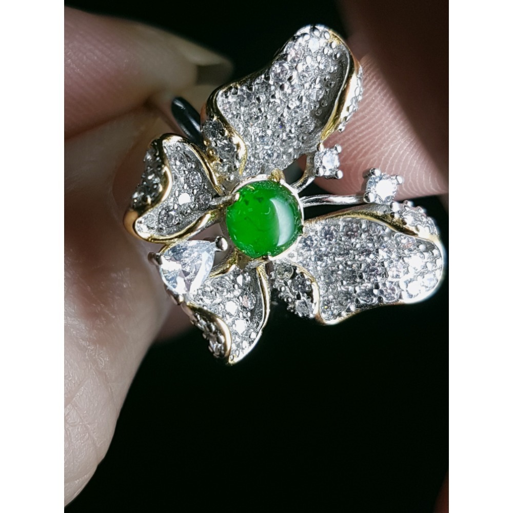 天然緬甸玉A貨翡翠瓜料蝴蝶 戒指 戒子 玉戒 925銀鋯石-細節圖5