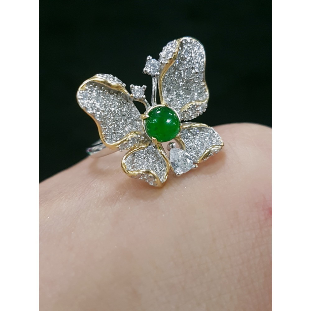 天然緬甸玉A貨翡翠瓜料蝴蝶 戒指 戒子 玉戒 925銀鋯石-細節圖7