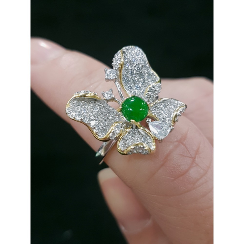 天然緬甸玉A貨翡翠瓜料蝴蝶 戒指 戒子 玉戒 925銀鋯石-細節圖9