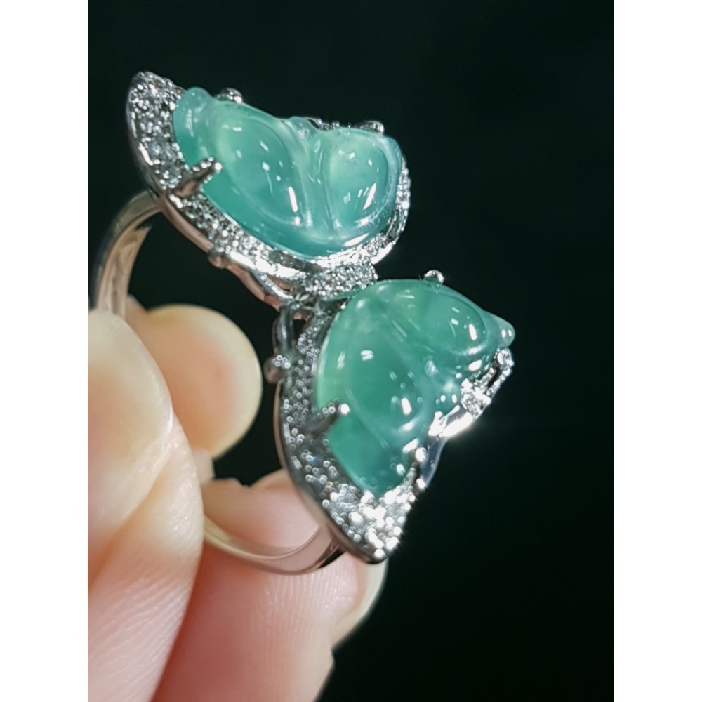 天然緬甸玉A貨翡翠蝴蝶 戒指 戒子 玉戒 925銀鋯石#蛋面戒指-細節圖2