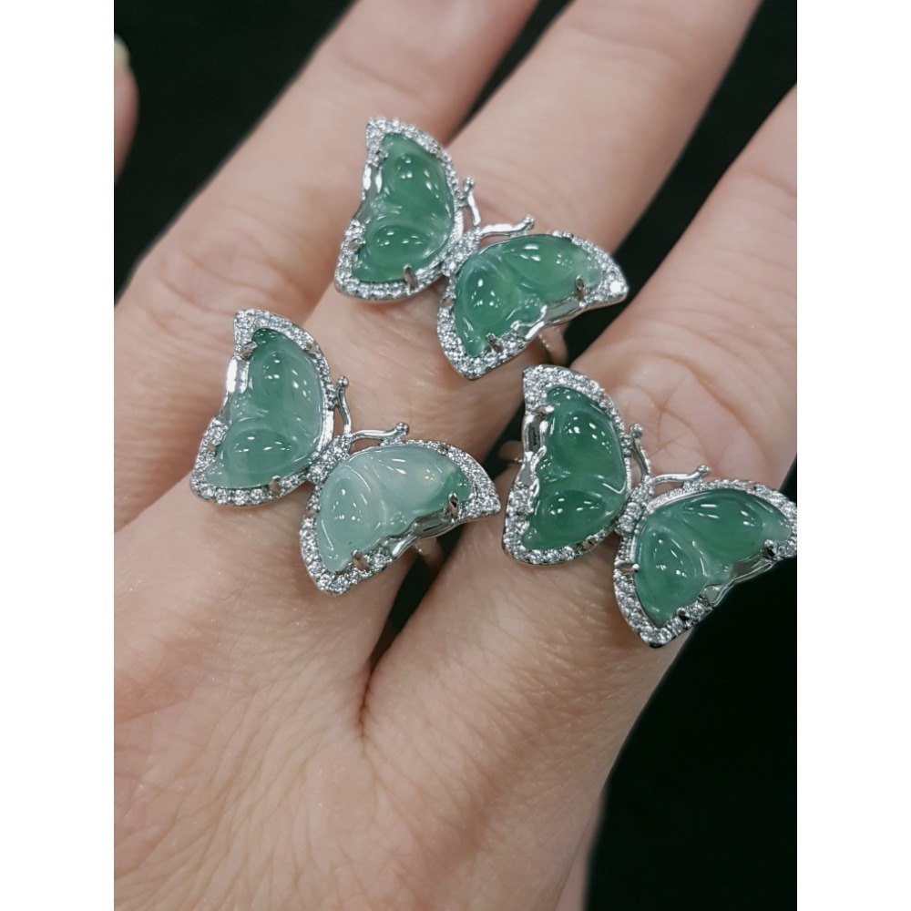 天然緬甸玉A貨翡翠蝴蝶 戒指 戒子 玉戒 925銀鋯石#蛋面戒指-細節圖3