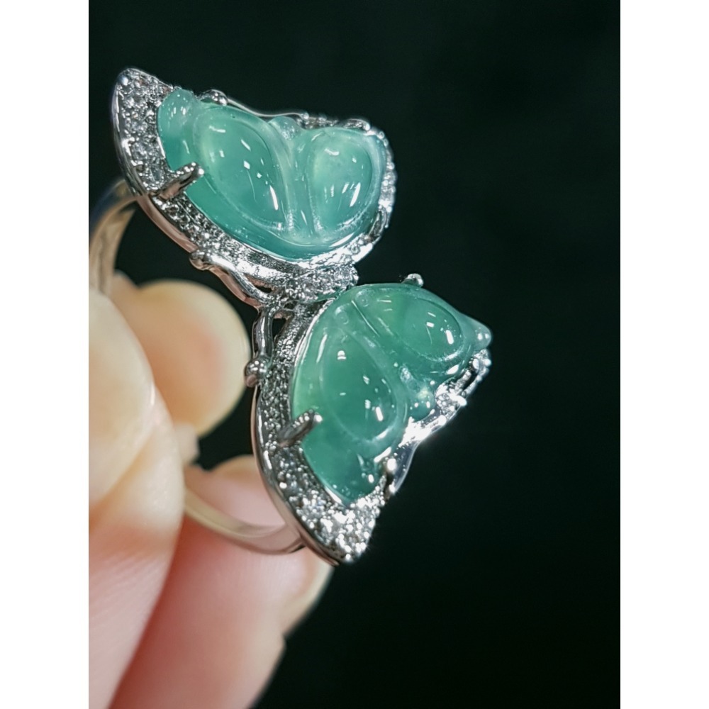 天然緬甸玉A貨翡翠蝴蝶 戒指 戒子 玉戒 925銀鋯石#蛋面戒指-細節圖4