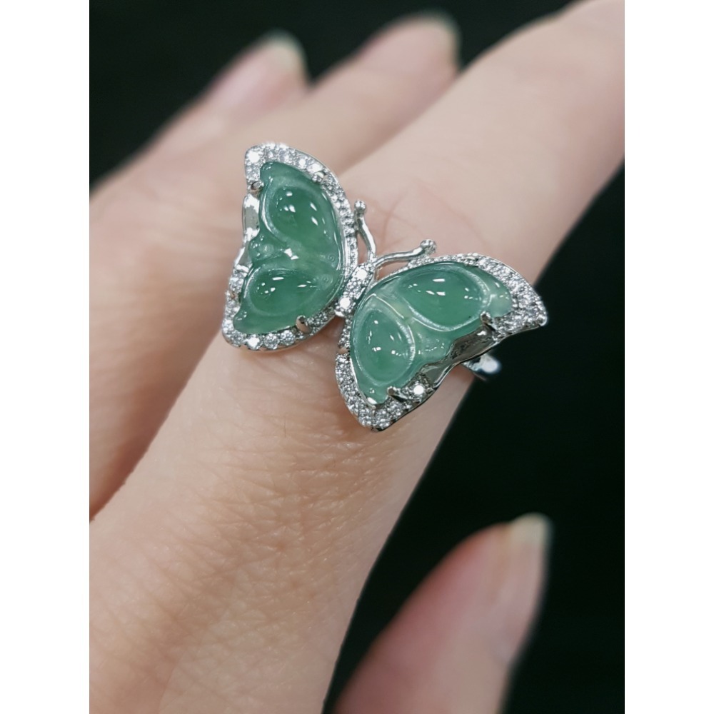 天然緬甸玉A貨翡翠蝴蝶 戒指 戒子 玉戒 925銀鋯石#蛋面戒指-細節圖6
