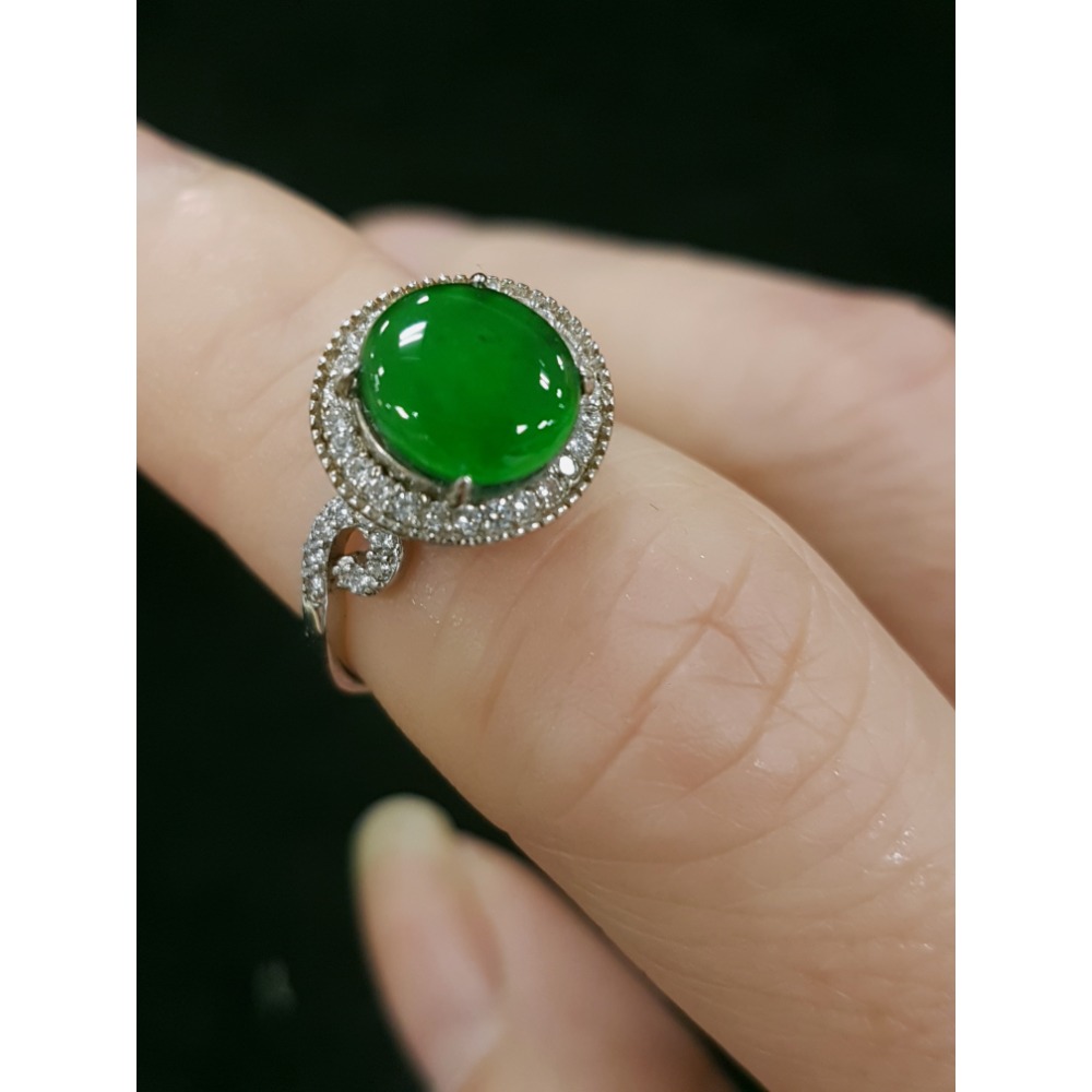 天然緬甸玉A貨 瓜料 翡翠 戒指 戒子 玉戒 925銀鋯石-細節圖2