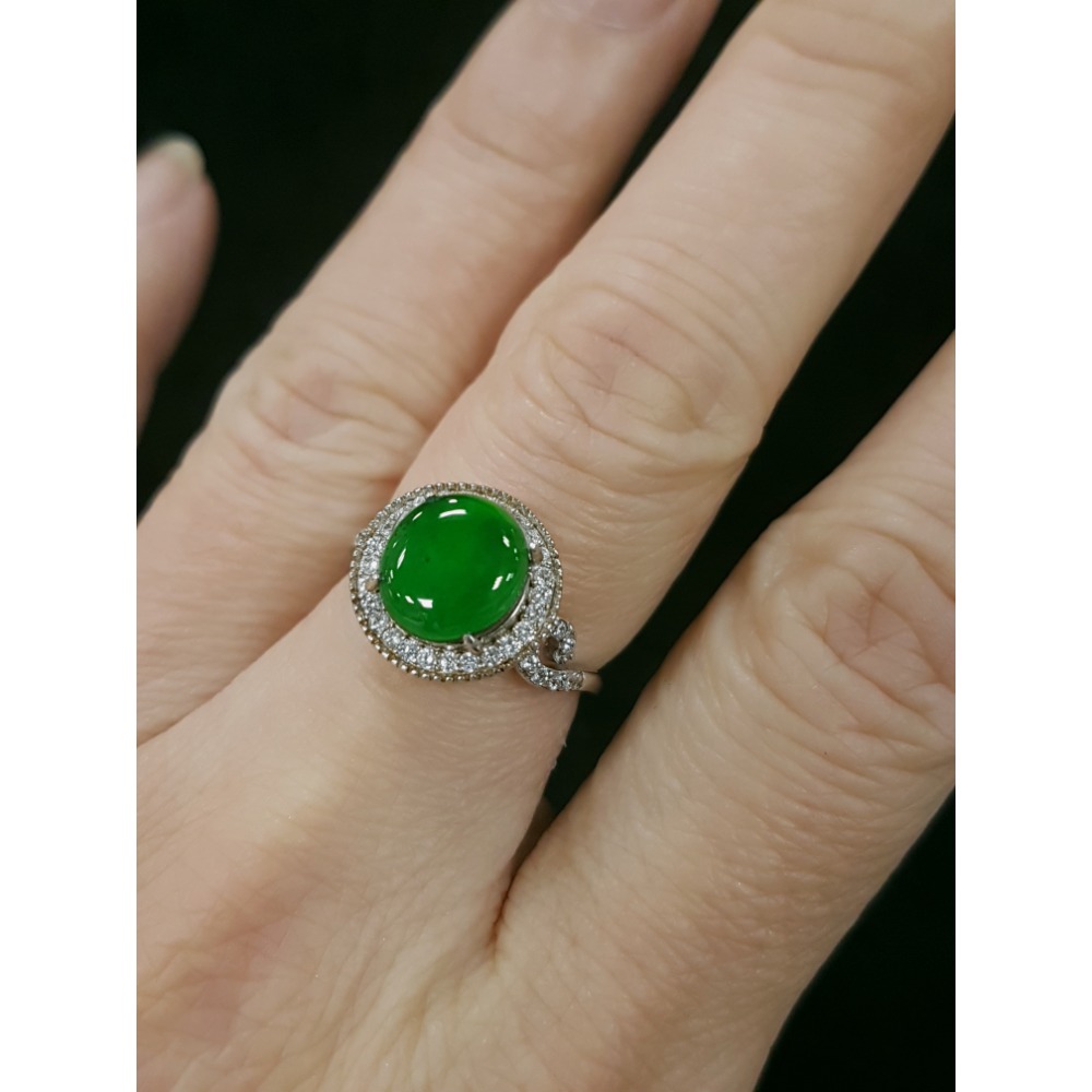 天然緬甸玉A貨 瓜料 翡翠 戒指 戒子 玉戒 925銀鋯石-細節圖3