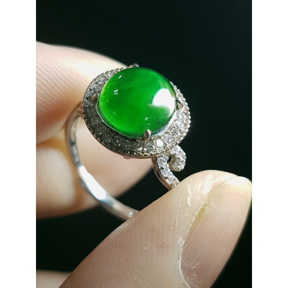 天然緬甸玉A貨 瓜料 翡翠 戒指 戒子 玉戒 925銀鋯石-細節圖7