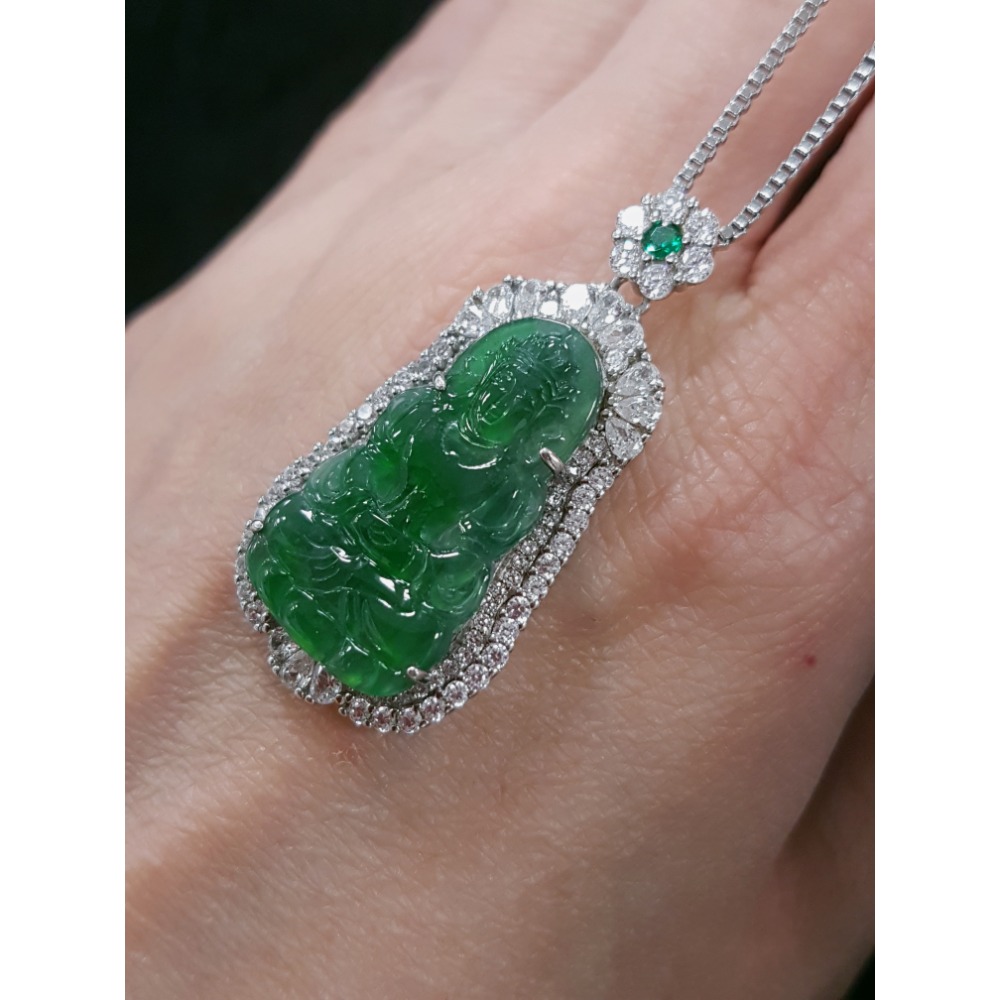 天然緬甸玉A貨瓜料翡翠  正庄觀音 座蓮觀音 寶瓶觀音 坐姿觀音 玉墜 掛墜-細節圖5