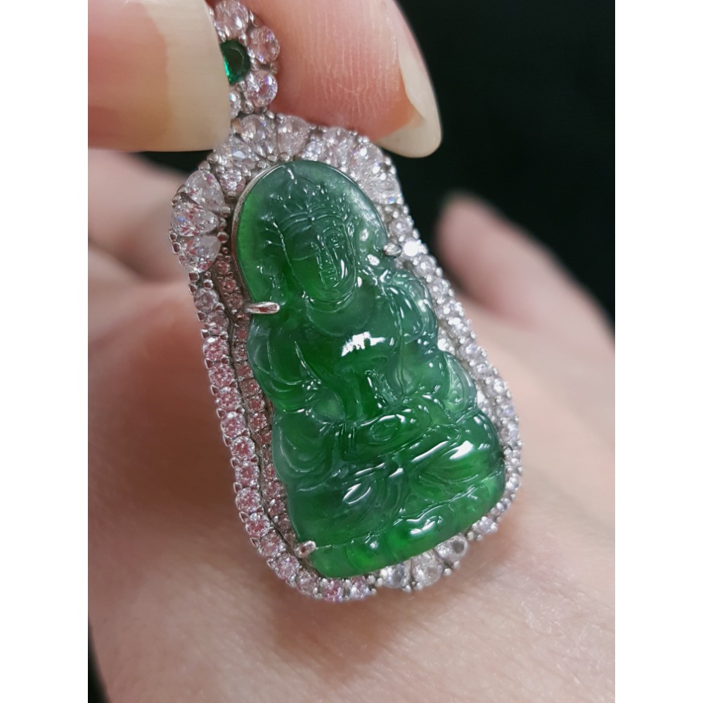 天然緬甸玉A貨瓜料翡翠  正庄觀音 座蓮觀音 寶瓶觀音 坐姿觀音 玉墜 掛墜-細節圖9