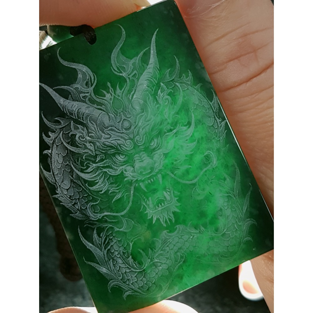 天然緬甸玉A貨翡翠 瓜料藍水雷射激光雕刻 龍牌 吊墜-細節圖4