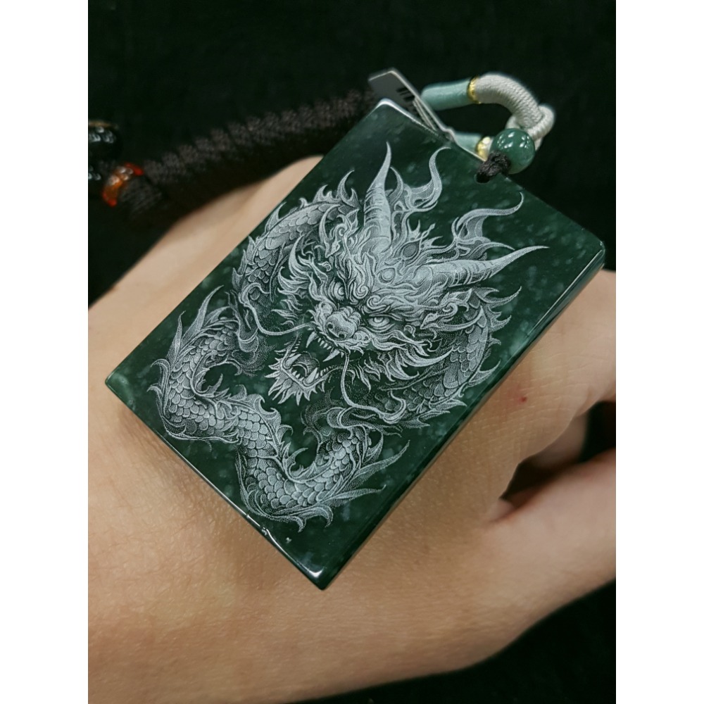 天然緬甸玉A貨翡翠 瓜料藍水雷射激光雕刻 龍牌 吊墜-細節圖6