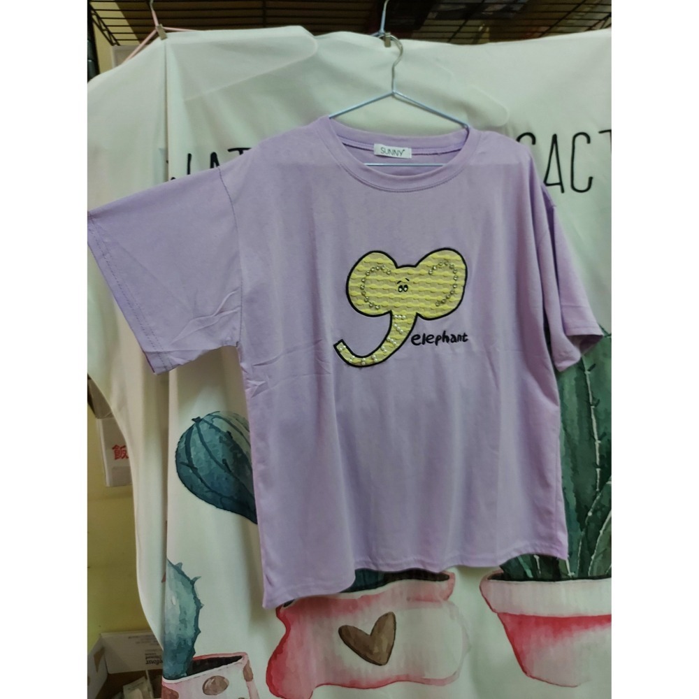 ★出清特價★可愛鑲鑽珍珠大象休閒短T-紫色/粉色(2色)-細節圖3