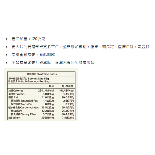 特價 770g 宴麥森林 蔓越莓杏仁堅果多燕麥片 770公克 早餐穀麥 早餐麥片 果乾 堅果麥片 核桃腰果南瓜籽 奇亞籽-細節圖2